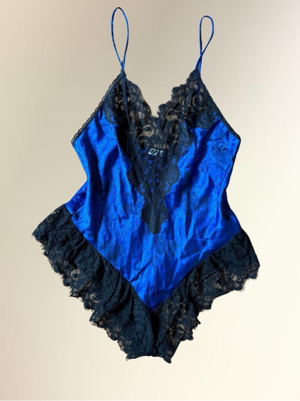 Blanche Floral V-Neck Chemise with Black Lace Trim - Royal Blue